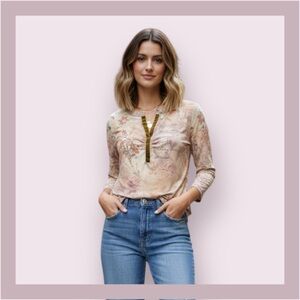 ONE WORLD Floral Print Blouse - Cream and Brown